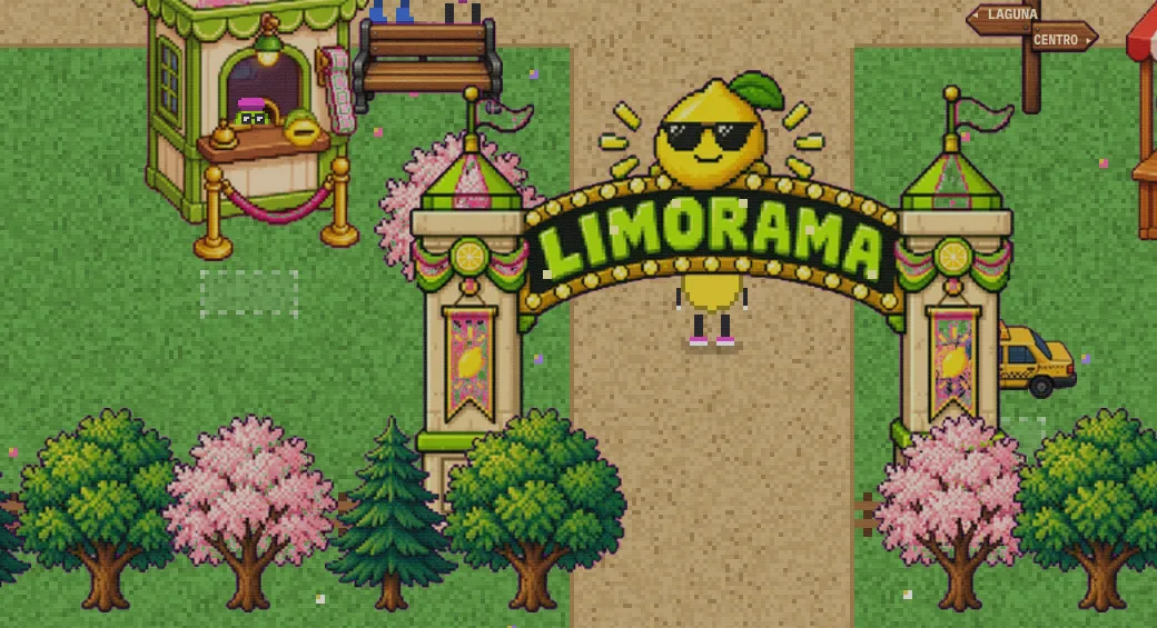 La entrada de Limorama, con el arco del limón de lentes, la boletería y el puesto de pochoclos