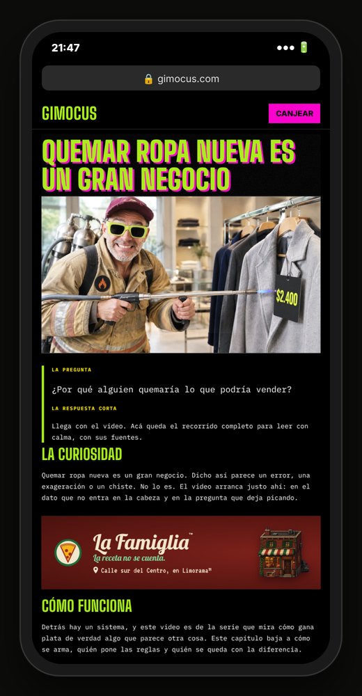 Un artículo de gimocus.com en el celular, con un anuncio dentro del texto